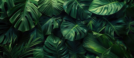 A layout featuring creative tropical green leaves with space for text. Represents the concept of spring in nature. Displayed in a flat lay style.