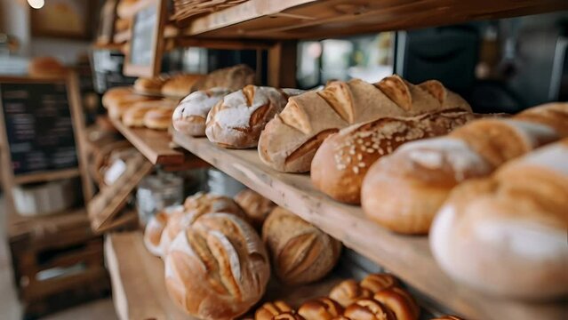 Different types of bread in the bakery on wooden shelf