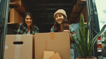 Two young women smiling as they unload cardboard boxes from a van during a move.