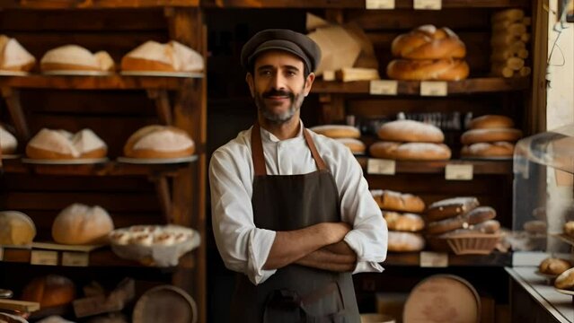 The baker in the bakery next to the bread shelves