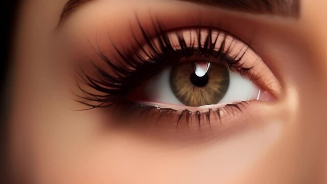 The green eye of a woman with long painted eyelashes