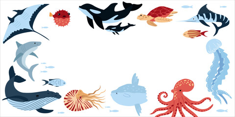 Background with sea inhabitants. Banner template. Frame with corals, jellyfish, octopus and other marine animals on white background. © OlivaGreen