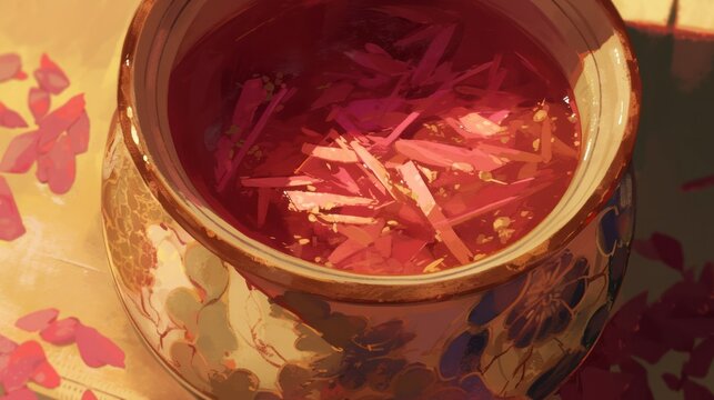  traditional Japanese-style pickled ginger, its delicate slivers radiating a vibrant pink hue, nestled in a small ceramic jar with intricate hand-painted designs.