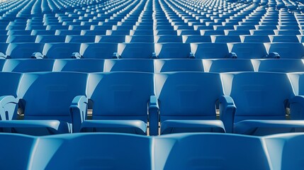 Rows of empty blue stadium seats in repetitive pattern.