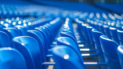 Rows of empty blue stadium seats in repetitive pattern.