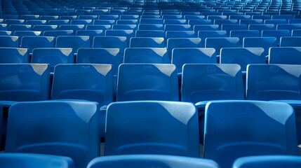 Rows of empty blue stadium seats in repetitive pattern.