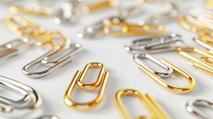 Scattered assortment of shiny gold and silver paper clips on a white background.
