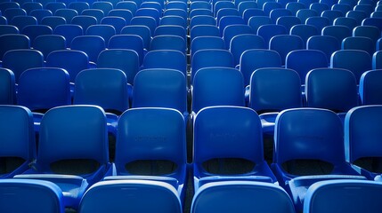 Rows of empty blue stadium seats in repetitive pattern.