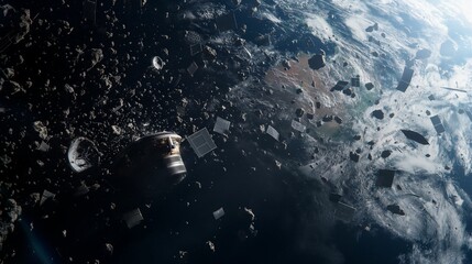 Space debris orbiting Earth featuring various satellites and fragments in outer space.