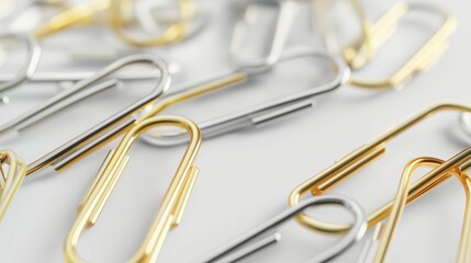 Scattered assortment of shiny gold and silver paper clips on a white background.