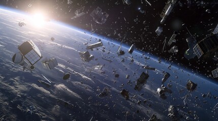 Space debris orbiting Earth featuring various satellites and fragments in outer space.