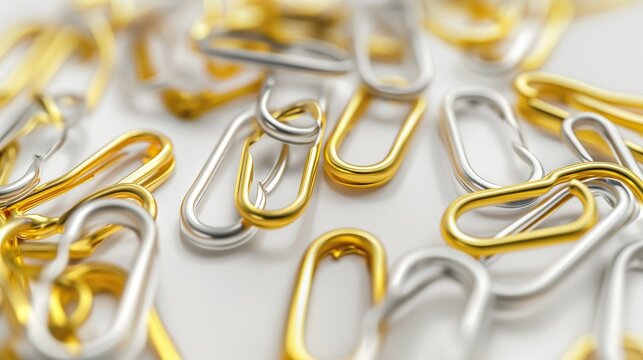 Scattered assortment of shiny gold and silver paper clips on a white background. - Powered by Adobe