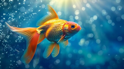 Fototapeta premium Vibrant orange goldfish swimming underwater with sunlit bokeh bubbles.
