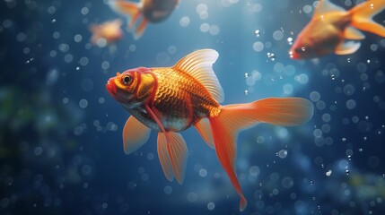 Vibrant orange goldfish swimming underwater with sunlit bokeh bubbles.