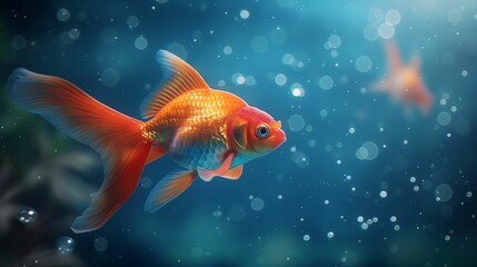 Vibrant orange goldfish swimming underwater with sunlit bokeh bubbles.