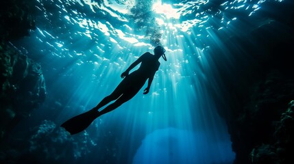 A silhouette of a diver exploring a deep blue underwater seascape with rays of light piercing through.