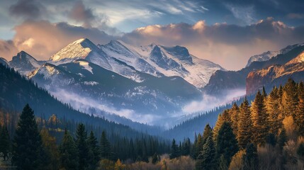 Obraz premium Sunrise over snow-capped mountain range with forested valley. Golden light on peaks.