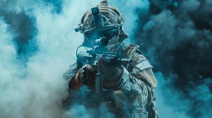 A heavily equipped soldier in tactical gear holds a rifle amidst swirling smoke in a dramatic setting.