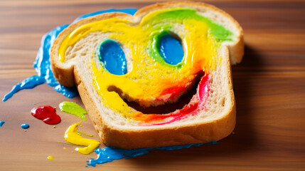 A slice of bread, playfully adorned with a vibrant smiley face using edible colors.