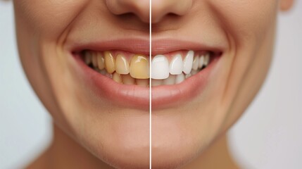 Close-up comparison of teeth before and after whitening treatment, showing a stark contrast.