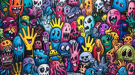 Fototapeta premium A graffiti wall filled with colorful cartoon characters.
