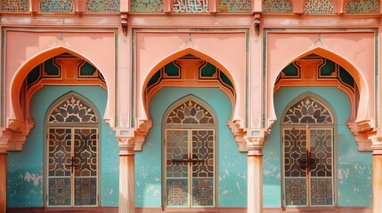 Ornate symmetrical architecture featuring arched doorways and intricate patterned doors in blue and peach hues.
