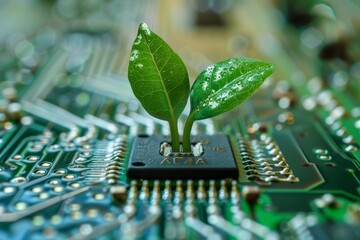 Green Technology Concept: Young Plant Growing from Computer Chip, Eco-Friendly Technology, Sustainable Computing, Symbol of Innovation