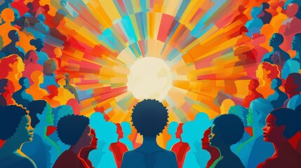 A group of diverse people of all ages and genders stand together in unity. The background is a bright, colorful sunburst.