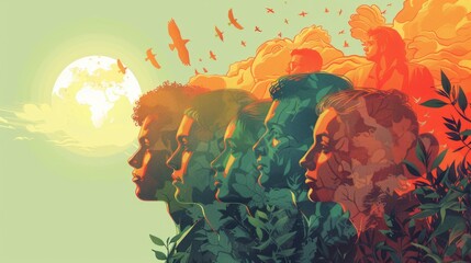 A group of diverse people stand together in front of a bright sun. The sky is filled with birds and the foreground is filled with plants. The people are all looking towards a brighter future.