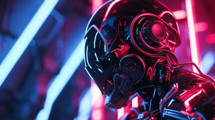 Futuristic biomechanical exoskeleton head with vibrant neon lights