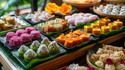 Thai Dessert Delight: Irresistible display of traditional Thai sweets, inviting viewers to savor the exotic flavors and textures.