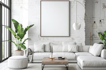 Modern Living Room Interior with Blank Poster Frame on Concrete Wall