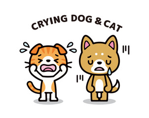 Simple and cute character illustration of a sad dog and cat