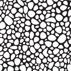 Seamless pattern of black pebbles arranged in a random organic pattern on a white background