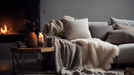 Adding soft rugs and cushions for a warm and inviting ambiance. In the spirit of hygge. Copy space.