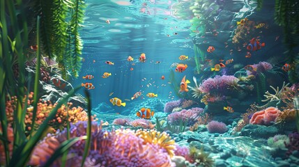 Tropical Underwater Scene: Lush coral reef habitat filled with sea anemones, anemonefish, and swaying seaweed in crystal-clear waters.