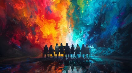 A group of people sit at a table in front of a colorful abstract painting.