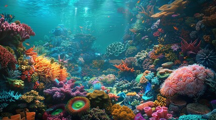 Underwater Paradise: Vibrant coral reef teeming with life, including sea anemones, fish, and lush marine vegetation.