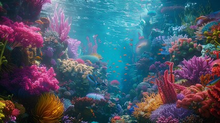 Underwater Paradise: Vibrant coral reef teeming with life, including sea anemones, fish, and lush marine vegetation.