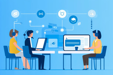 Operators in a call center equipped with phones and surrounded by FAQ icons.