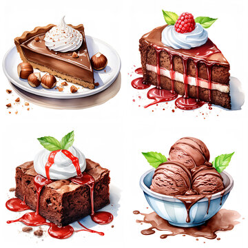 watercolor chocolate desserts tart cake brownie icecream clipart isolated on white