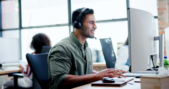 Happy man, consultant and call center with headphones in tech support, telemarketing or customer service at office. Friendly male person, employee or young agent for online advice, help or assistance