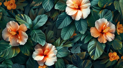 A vibrant image of lush tropical foliage and blooming flowers wallpaper.