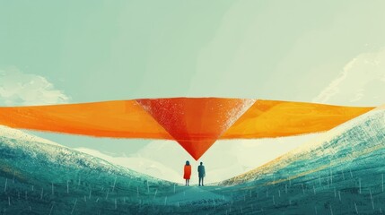 A large orange triangle hovers over a green landscape. Two people stand in the foreground, looking at the triangle.