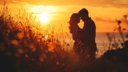 Couple photographed in a romantic mood against the sunset. Copy Space