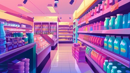 Vibrant digital illustration of shoppers in a futuristic supermarket with colorful lighting and discount bins