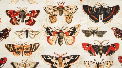 An elegant fabric design adorned with intricate illustrations of different types of moths..