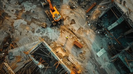 Aerial view of a construction site with an excavator, scattered materials, and a worker in safety gear.