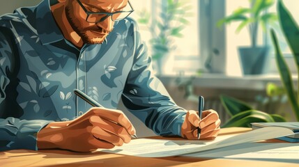 A man in glasses is writing something at his desk. He is wearing a blue shirt with floral pattern. He has a beard and his hair is short and dark.