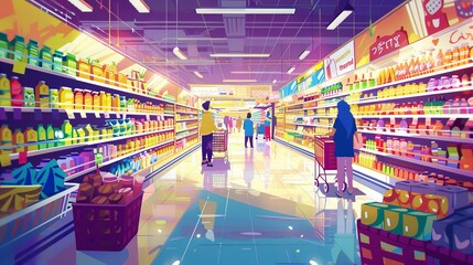 Vibrant supermarket scene with customers shopping and colorful products on shelves